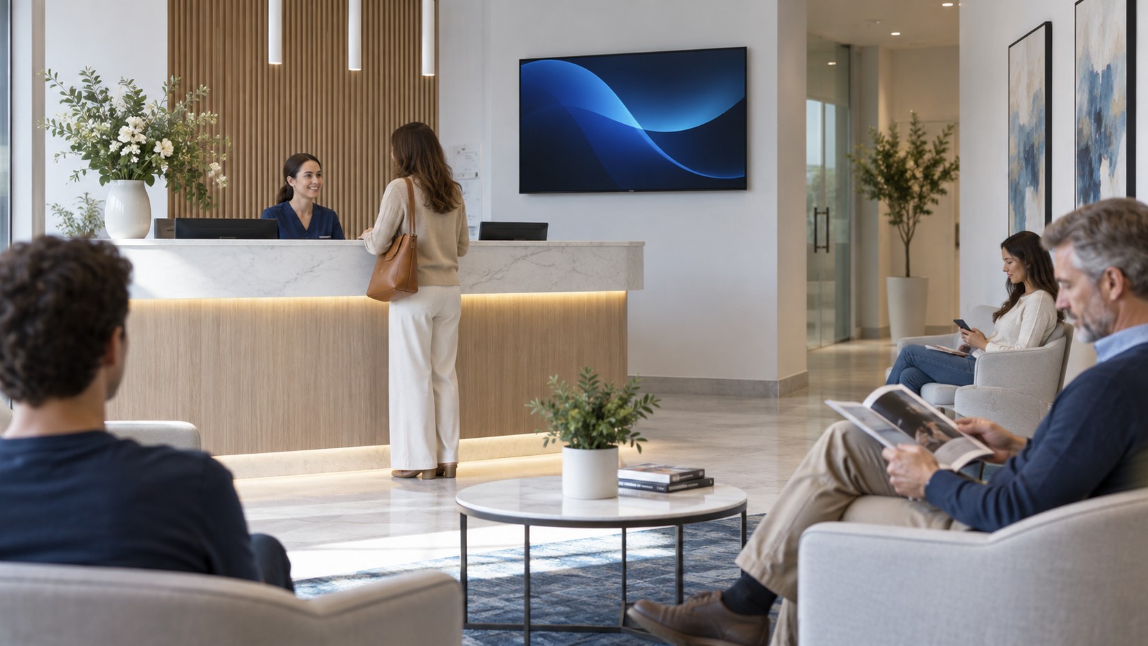 Tela em uma recepção com pessoas aguardando atendimento