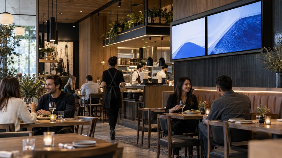 Telas instaladas acima do balcão em um café